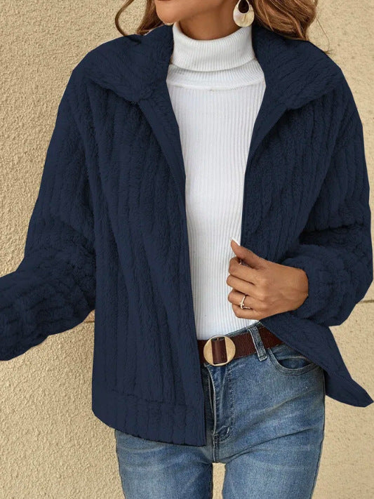 Navy textured fleece zip jacket with a lapel collar