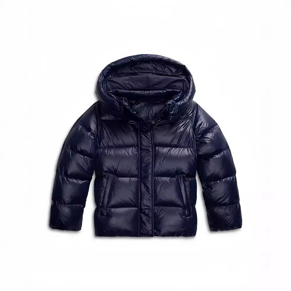 Dark blue hooded puffer jacket with a quilted padded design