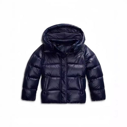 Dark blue hooded puffer jacket with a quilted padded design