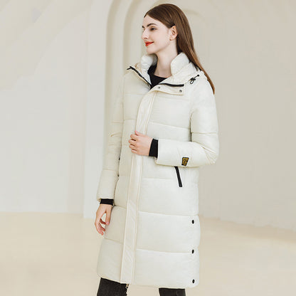 White longline hooded padded coat with black pocket zippers