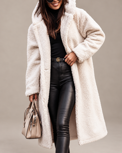 Studio presentation of cream longline teddy coat